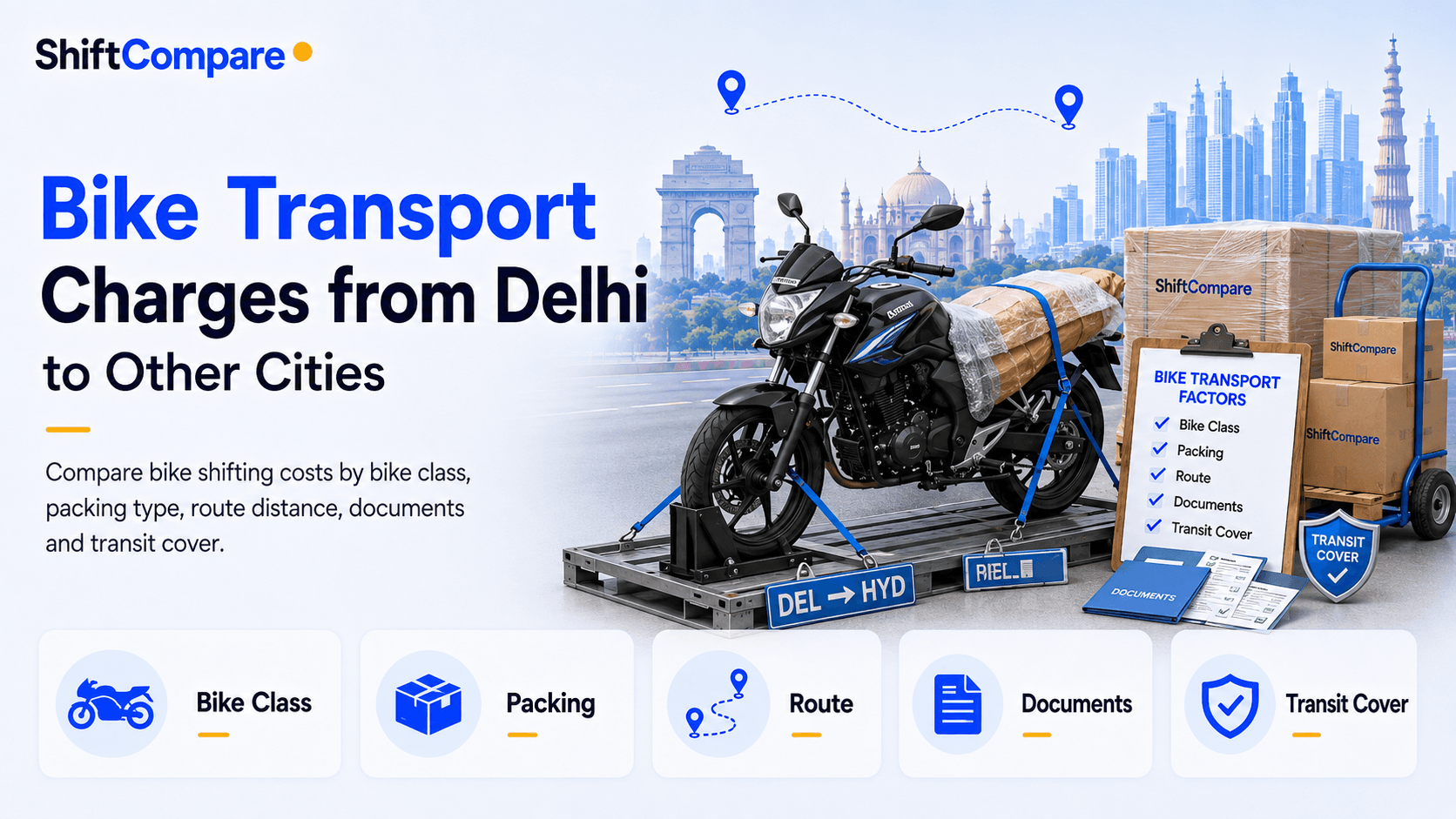 Bike transport charges from Delhi to other cities by route, packing and pickup mode